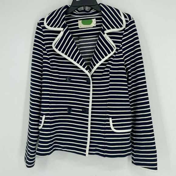 Anthropologie Coat Women’s Sz M Blue White Stripe Shell 4 Button Single Breasted - Picture 1 of 9